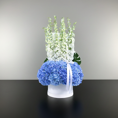 Elegant Blue Hydrangea and White Delphinium Flower Arrangement in White Hat Box