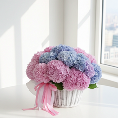 Pink and Blue Hydrangea Basket Arrangement