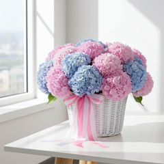 Pink and Blue Hydrangea Basket Arrangement