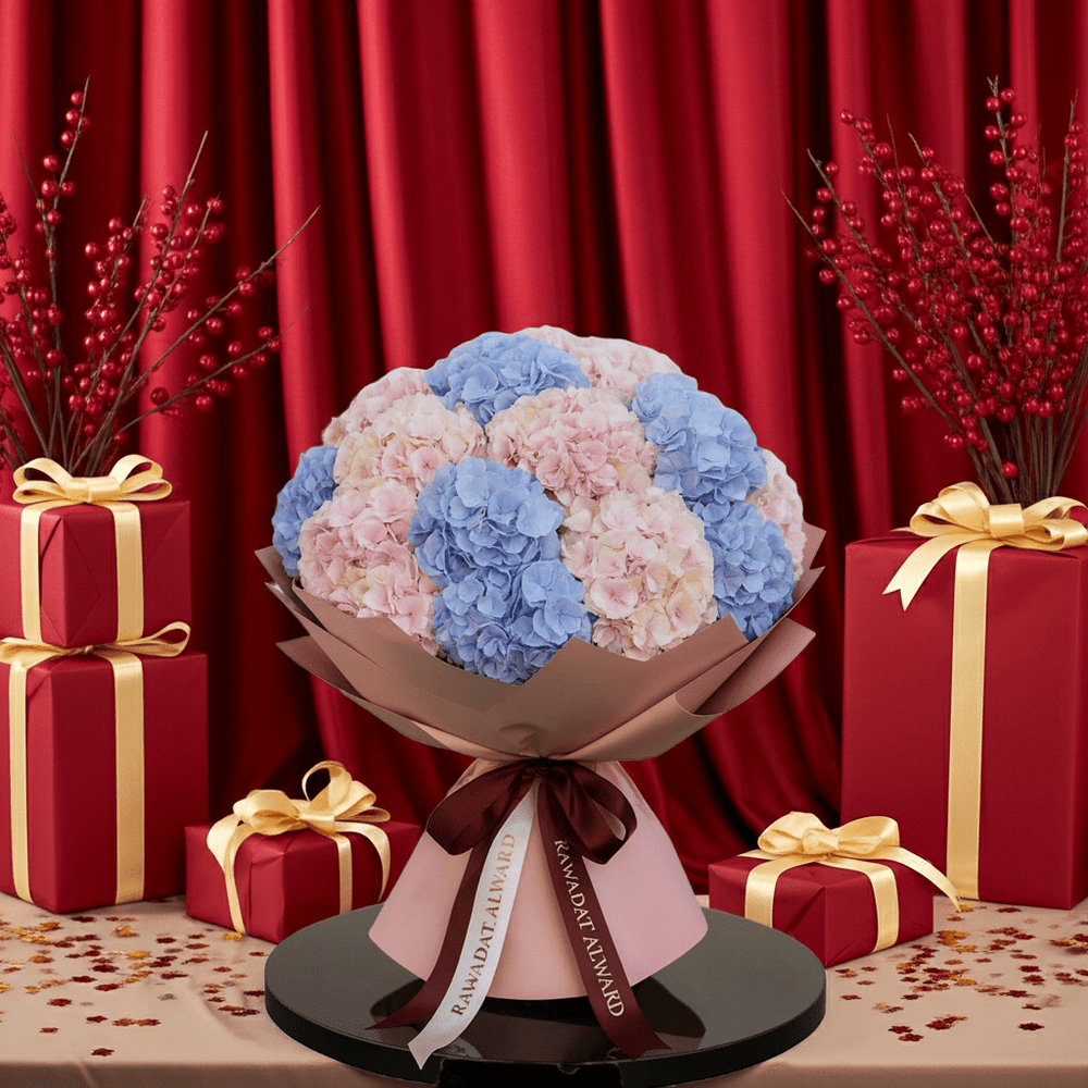 Pastel Blue & Pink Hydrangea Bouquet - Rawadat Al Ward