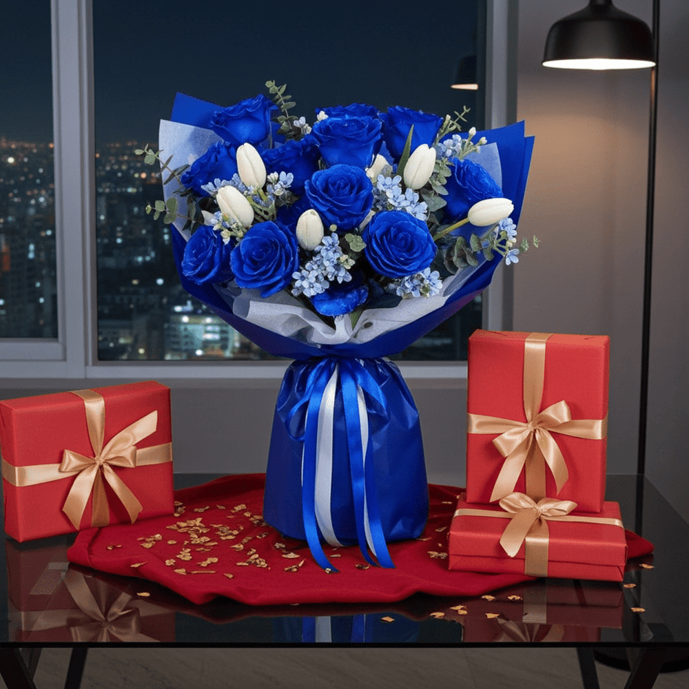 Royal Blue Rose Arrangement - Rawadat Al Ward