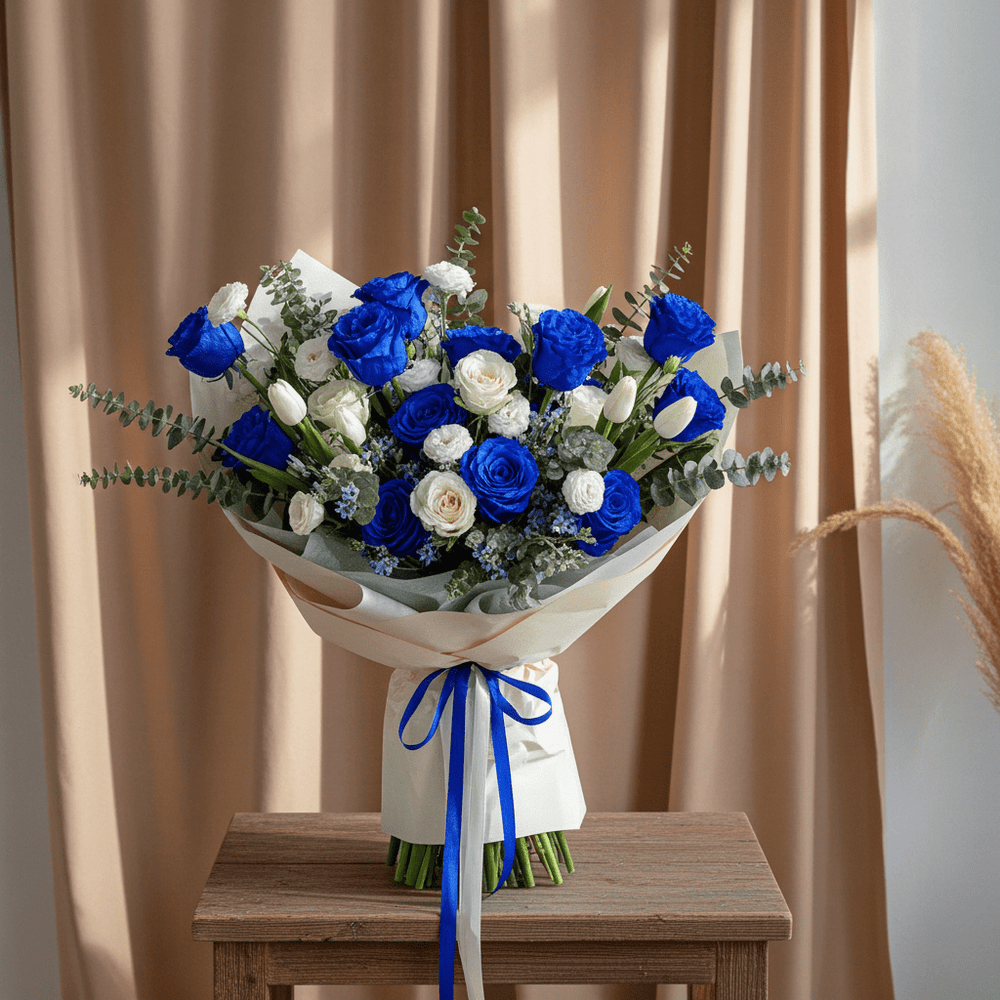 Royal Blue & White Rose Bouquet - Rawadat Al Ward