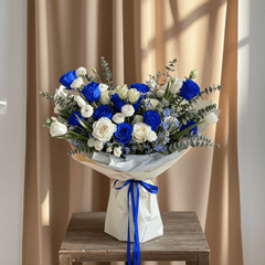 Royal Blue & White Rose Bouquet - Rawadat Al Ward