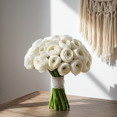 Elegant White Ranunculus Bouquet with Lace Wrap