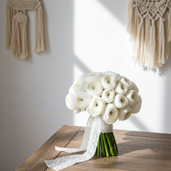 Elegant White Ranunculus Bouquet with Lace Wrap