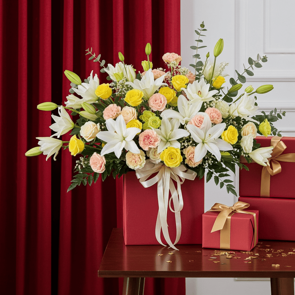 Yellow and White Floral Bouquet with Roses and Lilies - Rawadat Al Ward