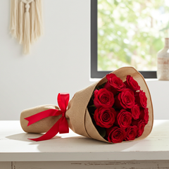 Red Rose Bouquet with Burlap Wrapping
