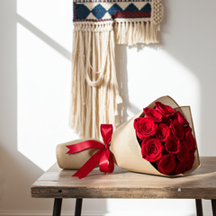 Red Rose Bouquet with Burlap Wrapping