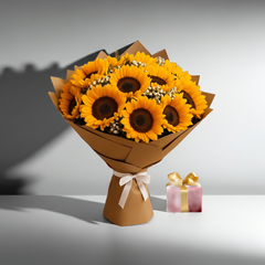 Sunflower Bouquet with Baby’s Breath and Brown Paper Wrap